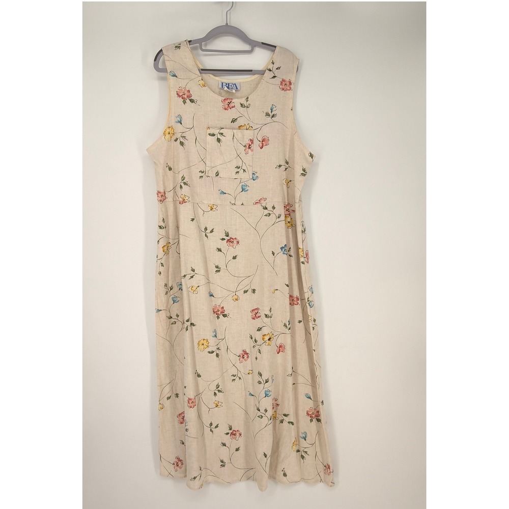 BFA Classics Maxi Dress Women XL Beige Floral Linen Blend Vintage 90 Cottagecore